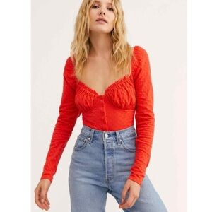 Free People - Ladybug Red Button Sweetheart Neckline Long Sleeve Crop Top SZ S